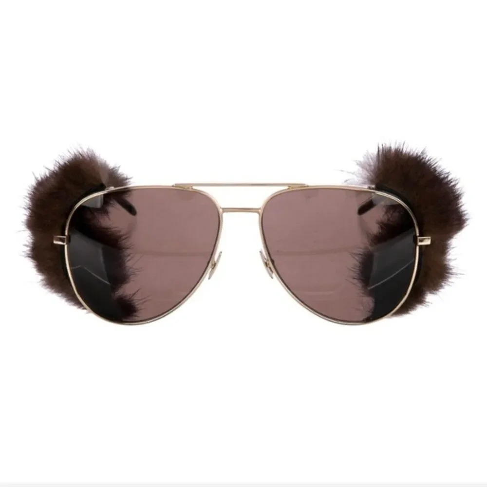 Saint Laurent Classic 11 Shields Mink Fur Aviator Sunglasses NEW Rare